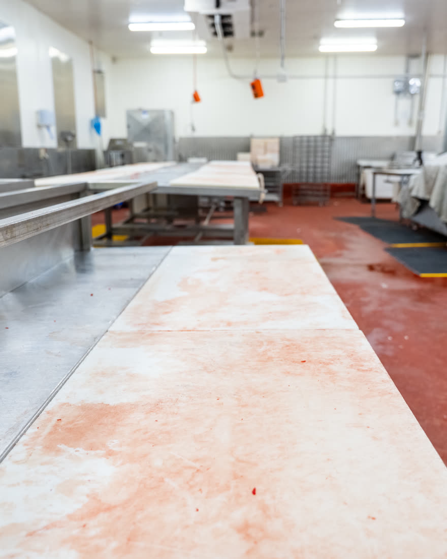 Production line benches left soiled at the end of a shift